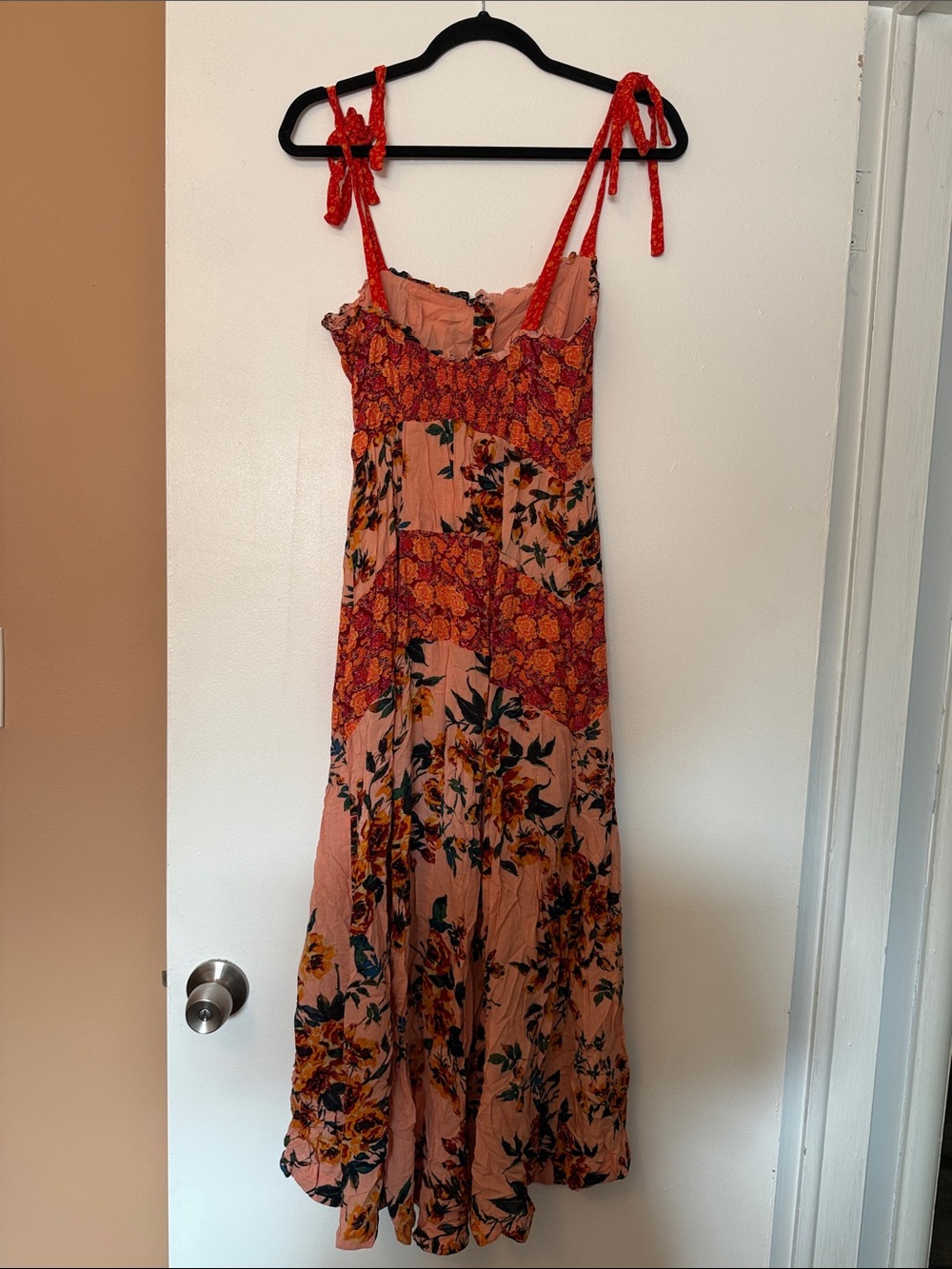 Free People Boho Peach and Red Floral Button-Front Sundress - Picture 5 of 6